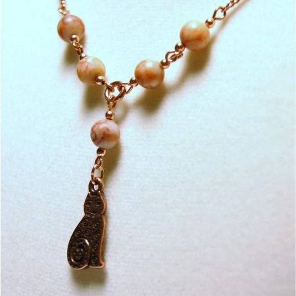 🐈Handmade Red Line Marble & Copper Swirl Cat "Y" Necklace Cat Lover - Picture 2 of 3